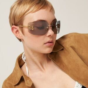 NEW Miu Miu MU54YS 5AK30B Gold Light Grey Wraparound Rimless Women Sunglasses